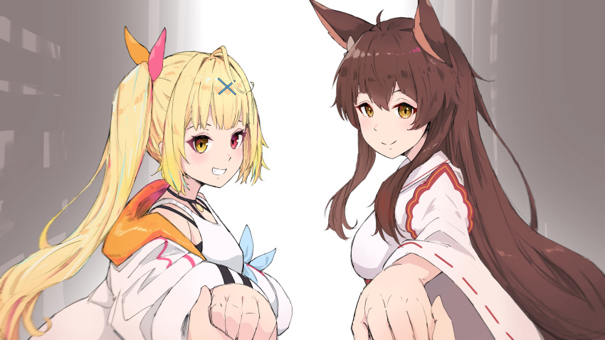 3girls, animal_ears, blonde_hair, blush, breasts, brown_eyes, brown_hair, closed_mouth