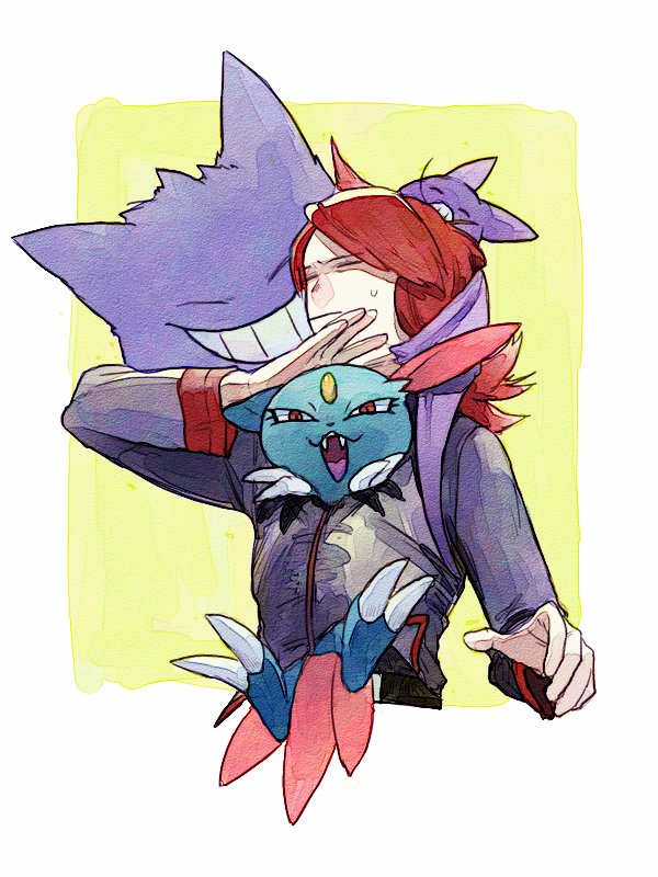 1boy, bat_wings, claws, closed_eyes, crobat, fangs, forehead_jewel, gengar, kalk, male_focus, pokemon, pokemon_(creature), pokemon_hgss, red_eyes, redhead, silver_(pokemon), sneasel, sweat, wings