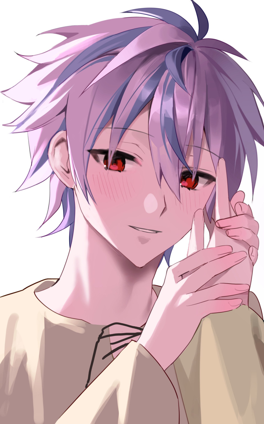2boys, absurdres, baegsug, blush, brown_shirt, commentary_request, guiding_hand, hair_between_eyes