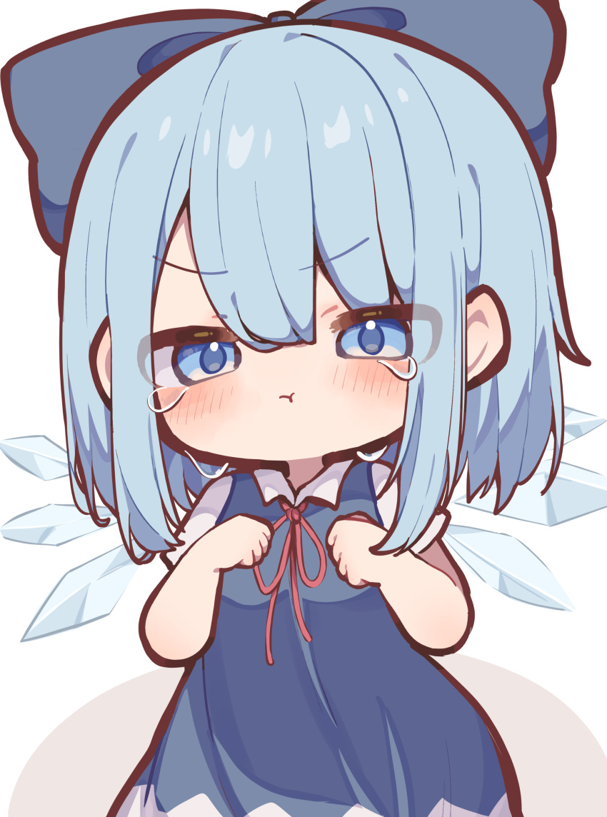 1girl, :t, absurdres, aged_down, awa_teruru, blue_bow, blue_dress, blue_eyes, blue_hair, blush, bow, cirno, clenched_hands, closed_mouth, deformed, dress, eyes_visible_through_hair, hair_between_eyes, hair_bow, highres, ice, ice_wings, light_blue_hair, medium_hair, neck_ribbon, red_ribbon, ribbon, shirt, short_sleeves, simple_background, solo, tears, touhou, v-shaped_eyebrows, white_background, white_shirt, wings