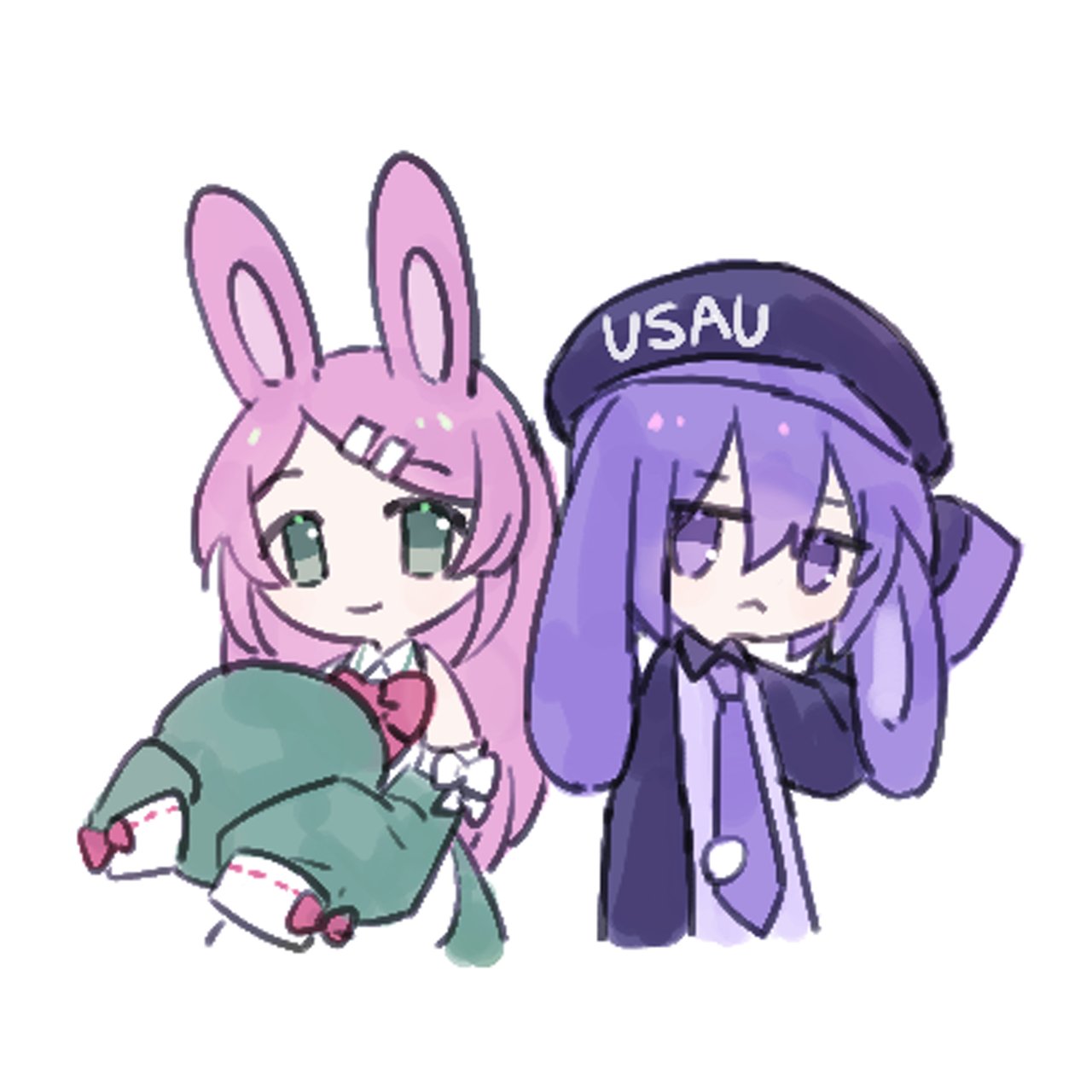 2girls, :<, animal_ears, beret, bow, bowtie, chibi, closed_mouth