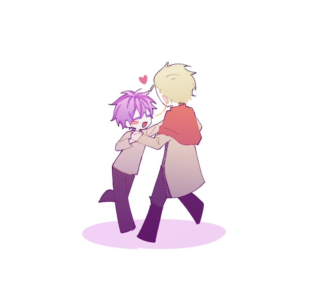 2boys, black_footwear, black_pants, blonde_hair, blush_stickers, boots, brown_coat, brown_shirt