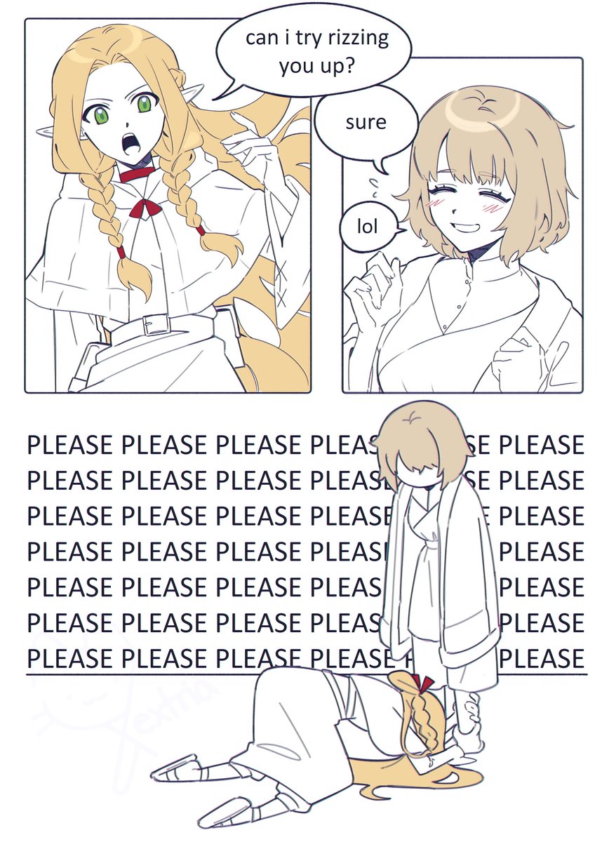 2girls, blonde_hair, braid, can_i_try_rizzing_you_up_(meme), capelet, choker, closed_eyes, commentary