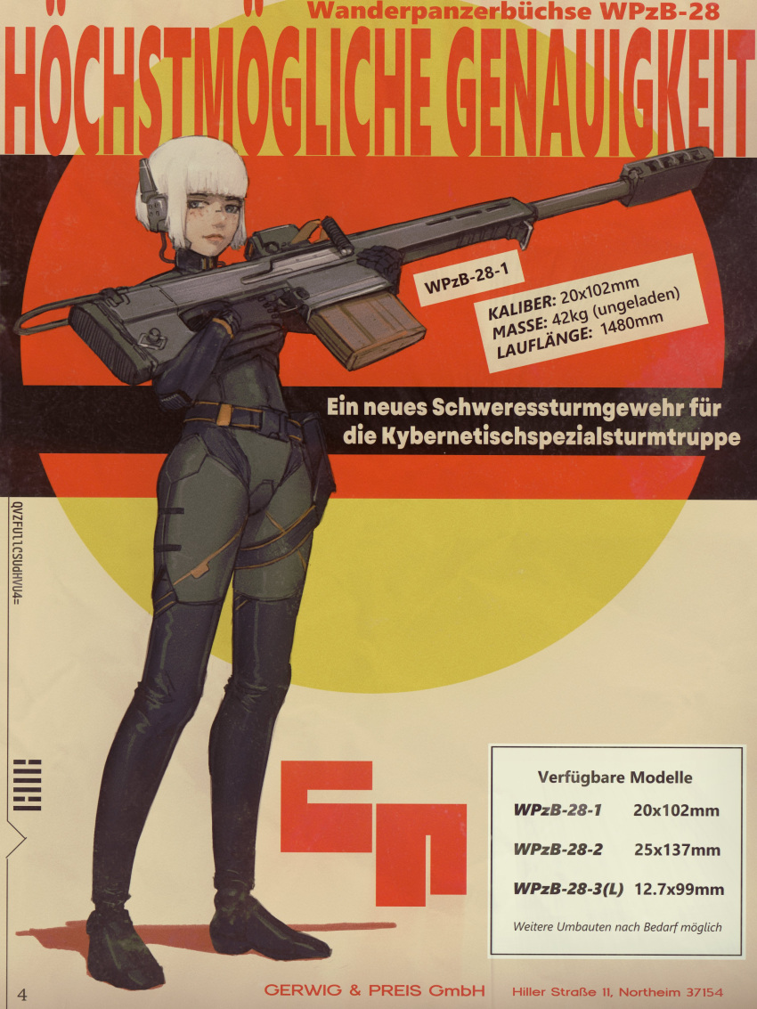 1girl, absurdres, ammunition_pouch, anti-materiel_rifle, belt, bob_cut, bodysuit, boots