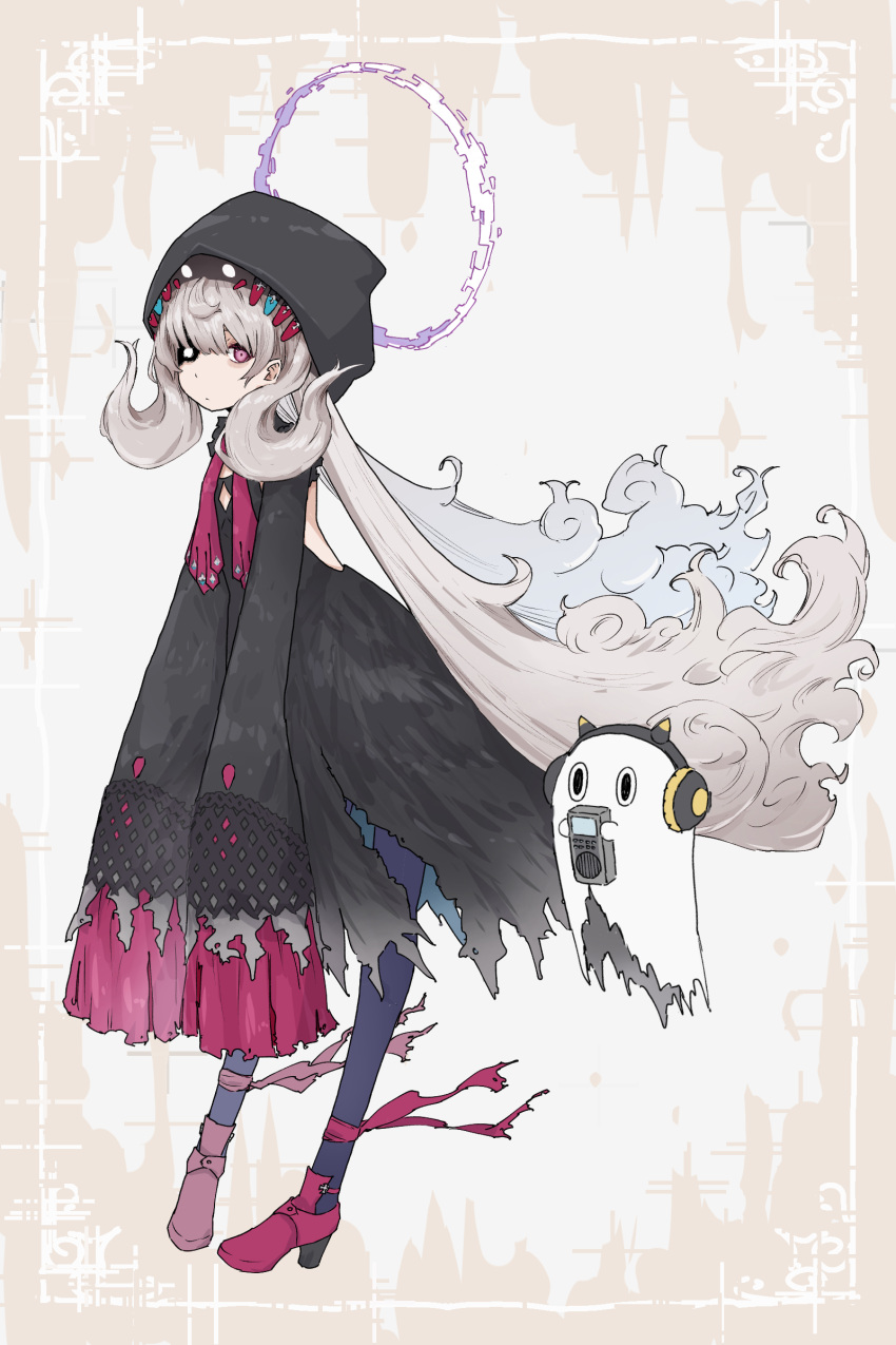 1girl, absurdres, black_dress, brown_background, commentary_request, dress, fake_horns, full_body