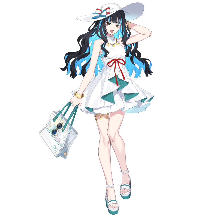 1girl, bag, bare_shoulders, black_hair, blue_hair, bow, bracelet, breasts