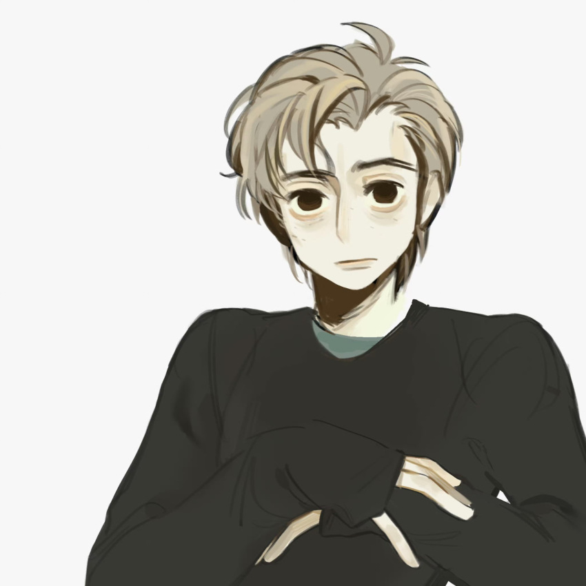 1boy, :|, black_eyes, black_shirt, blonde_hair, chinese_commentary, closed_mouth, commentary_request, david_tennant, highres, huan-ye, long_sleeves, looking_at_viewer, male_focus, real_life, shirt, short_hair, simple_background, sleeves_past_wrists, solo, upper_body, white_background
