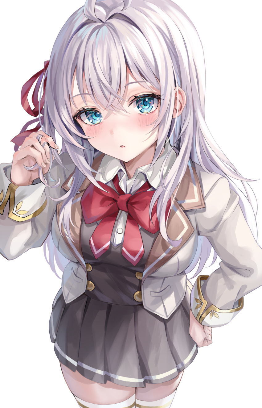 1girl, absurdres, ahoge, akami770, alisa_mikhailovna_kujou, black_skirt, blue_eyes, bow