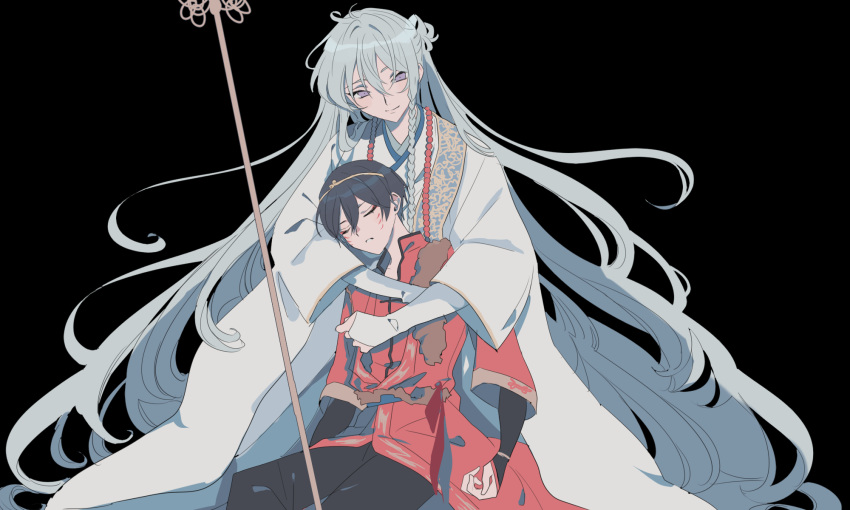 2boys, absurdly_long_hair, bead_necklace, beads, behind_another, black_background, black_bridal_gauntlets, black_pants