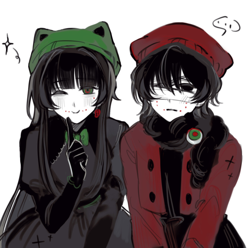 ..., 2girls, ;), bandage_over_one_eye, black_dress, black_eyes, black_gloves, black_hair