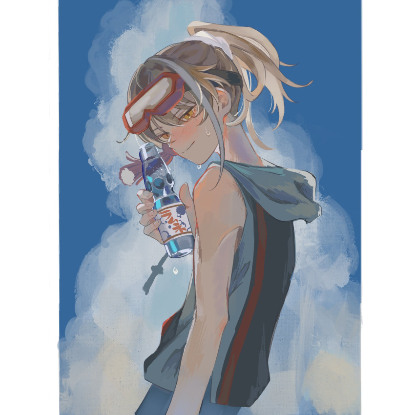 1boy, archer_(fate/samurai_remnant), blue_sky, blush, bottle, clouds, cumulonimbus_cloud, fate/samurai_remnant, fate_(series), goggles, goggles_on_head, grey_hair, hair_ornament, hair_scrunchie, high_ponytail, highres, holding, holding_bottle, hood, hoodie, looking_at_viewer, male_focus, multicolored_hair, ramune, roll_(rollcake0110), scrunchie, sky, sleeveless, sleeveless_hoodie, solo, streaked_hair, sweat, tassel, tassel_hair_ornament, white_hair, white_scrunchie, yellow_eyes