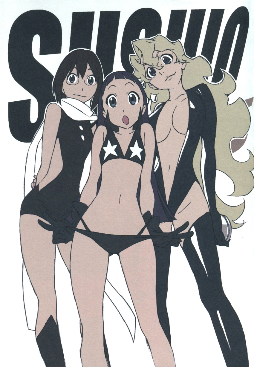 blonde_hair, breasts, brown_hair, cleavage, glasses, highres, kinon, kiyal, kiyoh, midriff, multiple_girls, official_art, purple_hair, scan, scarf, siblings, sushio, tengen_toppa_gurren-lagann, tengen_toppa_gurren_lagann, tengen_toppa_gurren_lagann:_parallel_works, v