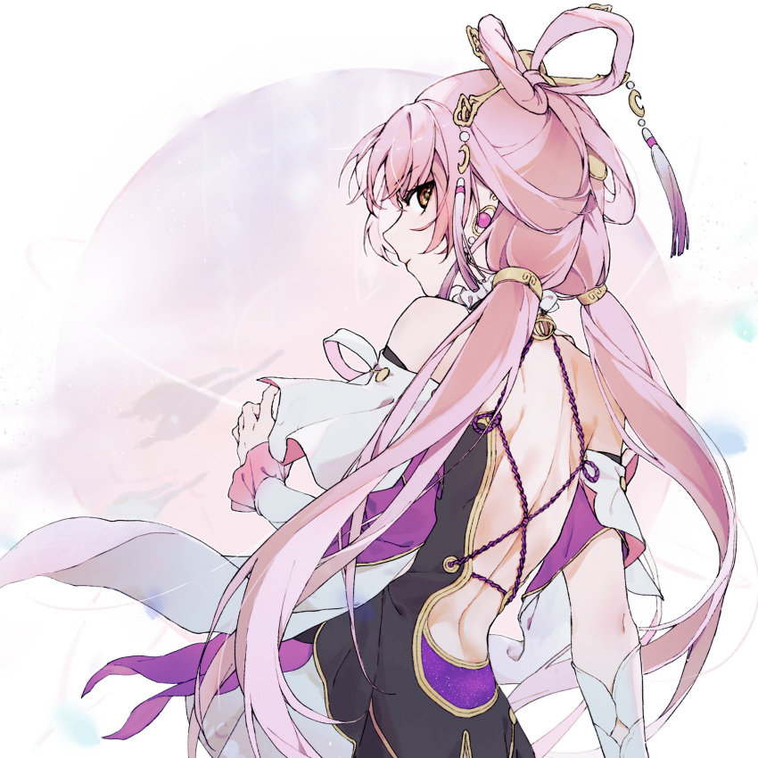 1girl, absurdres, back, backless_dress, backless_outfit, bare_shoulders, commentary_request, dress, earrings, from_behind, fu_xuan_(honkai:_star_rail), hair_ornament, hair_rings, highres, honkai:_star_rail, honkai_(series), jewelry, long_hair, looking_at_viewer, looking_back, pink_hair, solo, twintails, wangchuanjiyu323, yellow_eyes