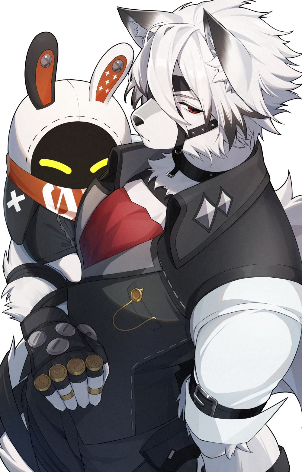 1boy, animal_ear_fluff, bangboo_(zenless_zone_zero), black_gloves, black_hair, black_pants, black_vest, closed_eyes, closed_mouth, eous_(zenless_zone_zero), fingerless_gloves, furry, furry_male, gloves, hair_between_eyes, highres, looking_at_viewer, male_focus, multicolored_hair, pants, red_eyes, shirt, simple_background, sitting_on_arm, tail, tayuna00, vest, von_lycaon, white_background, white_hair, white_shirt, wolf_boy, zenless_zone_zero