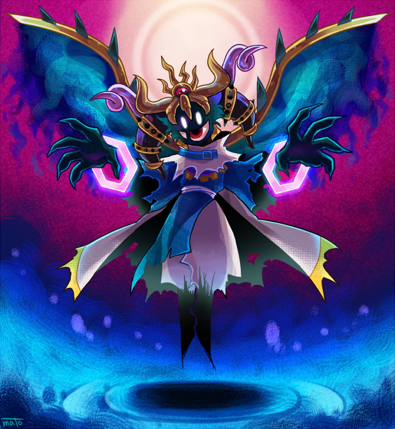 1boy, abstract_background, armlet, belt, belt_buckle, belt_collar, blue_belt, blue_robe, blue_wings, buckle, cape, claws, collar, crown, energy_sword, extra_eyes, eye_in_mouth, full_body, gold_crown, jewelry, kirby_(series), long_sleeves, magolor, magolor_soul, male_focus, master_crown, mato_(mozu_hayanie), monster_boy, multiple_armlets, pants, personification, rayman_limbs, red_eyes, robe, scarf, shadow, signature, solid_oval_eyes, solo, spiked_armlet, spiked_wings, sword, torn_cape, torn_clothes, torn_robe, torn_scarf, torn_sleeves, weapon, white_cape, white_eyes, white_pants, white_scarf, wings