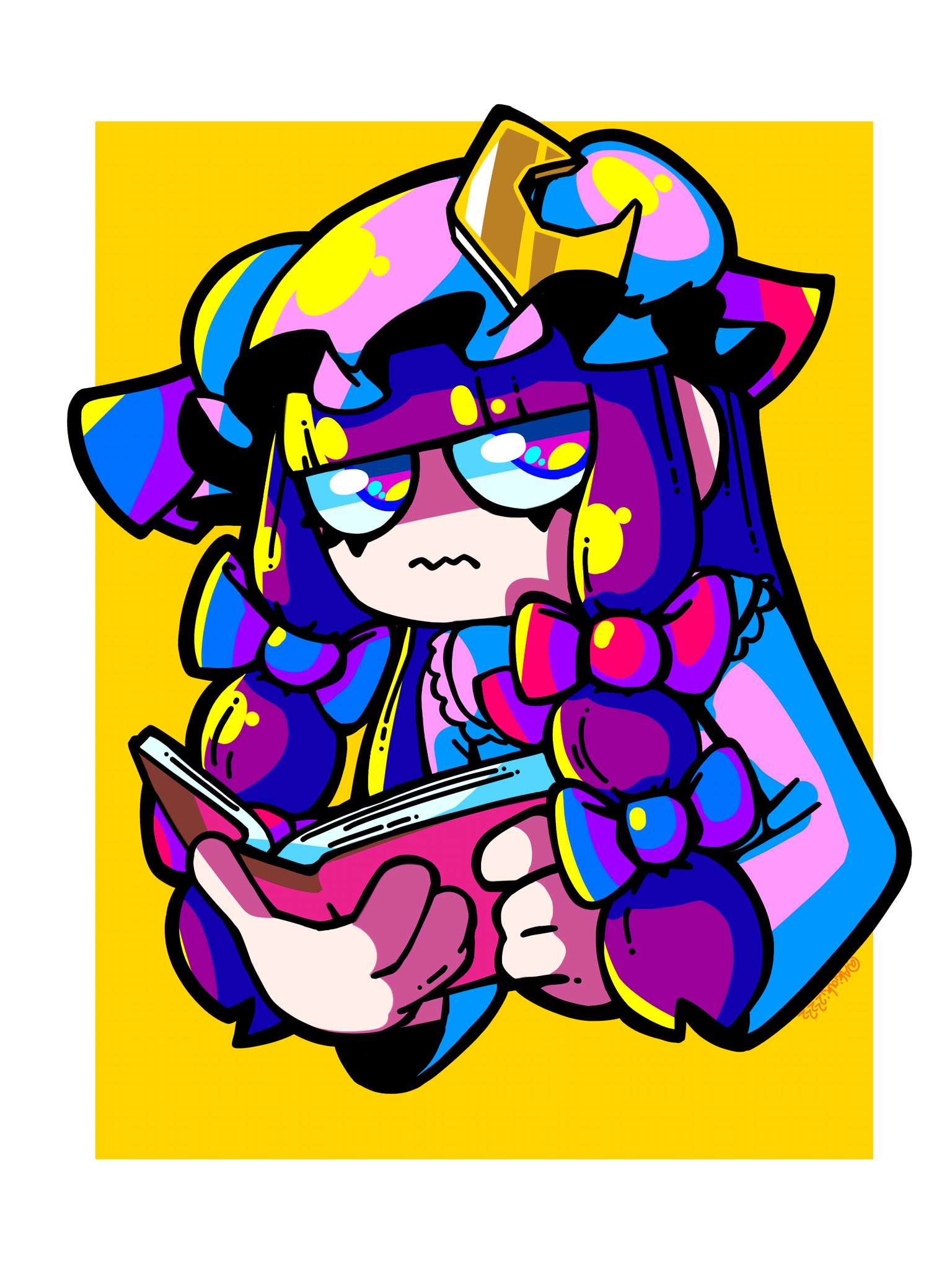 1girl, akiaki22222, blue_bow, blue_ribbon, blunt_bangs, book, border, bow, bun_cover, closed_mouth, collared_robe, colorful, commentary, crescent, crescent_hat_ornament, cropped_torso, double_bun, eyelashes, frilled_headwear, hair_bow, hair_bun, hat, hat_ornament, hat_ribbon, highres, holding, holding_book, lace-trimmed_robe, lace_trim, long_hair, long_sleeves, looking_at_viewer, mob_cap, multiple_hair_bows, neon_palette, open_book, outside_border, patchouli_knowledge, purple_hair, purple_hat, purple_robe, red_bow, red_ribbon, ribbon, robe, sidelocks, solo, straight_hair, touhou, violet_eyes, wavy_mouth, white_border, yellow_background