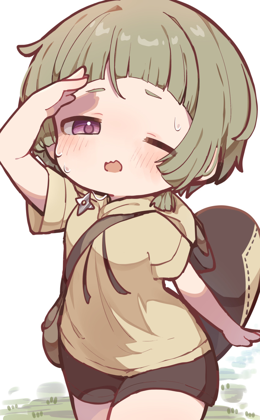 1girl, absurdres, arm_up, awa_teruru, bag, black_shorts, child, deformed