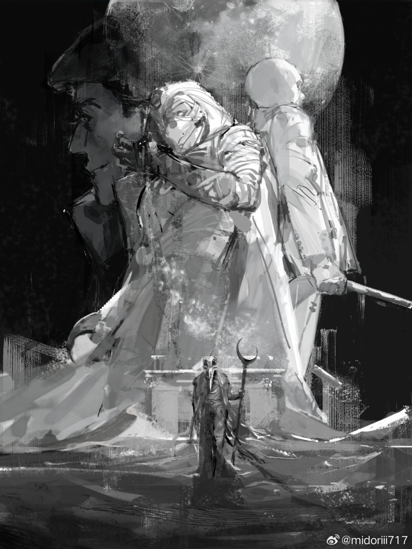 4boys, bandaged_arm, bandages, bird_mask, cape, character_request, covered_mouth, crescent
