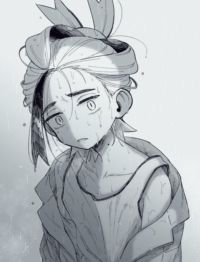 commentary, greyscale, jacket, kieran_(pokemon), kyo_zyaku, looking_at_viewer, male_focus, mole