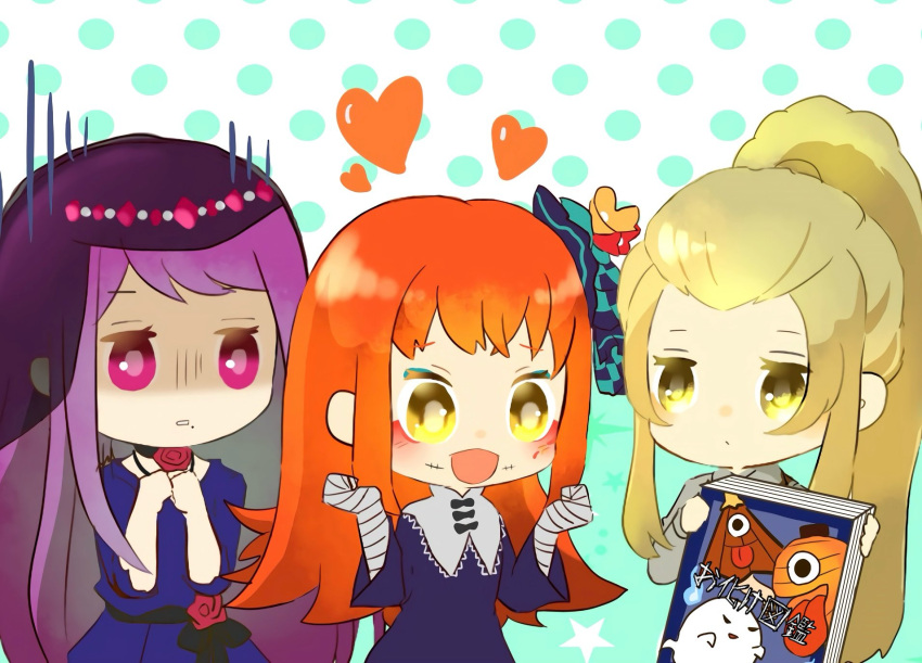 3girls, blonde_hair, book, fire_emblem, fire_emblem_engage, h_u_sss, heart, high_ponytail