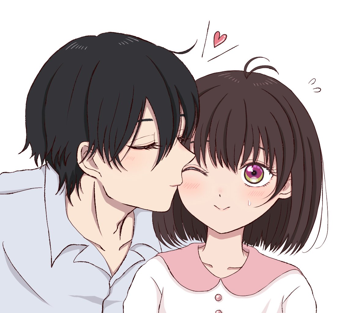 1boy, 1girl, ahoge, antenna_hair, black_hair, blue_shirt, blush, brown_hair