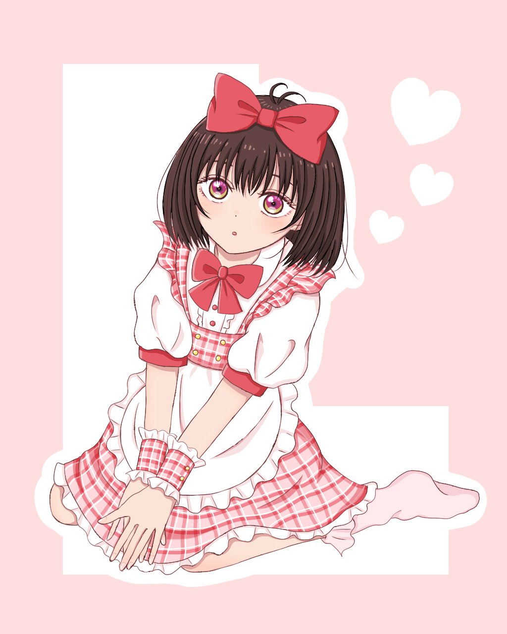 :o, antenna_hair, apron, black_hair, bow, bowtie, frilled_apron, frills, hair_bow, heart, highres, maid_apron, osanai_yuki, parted_lips, pink_background, pink_socks, puffy_short_sleeves, puffy_sleeves, red_apron, red_bow, red_bowtie, red_eyes, short_hair, short_sleeves, shoushimin_series, sitting, socks, tabemonokasei, wariza, wrist_cuffs