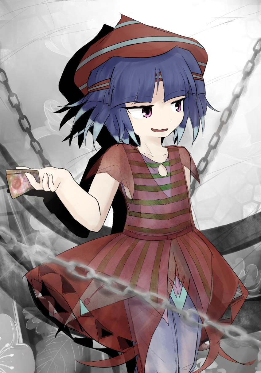 1other, androgynous, bare_arms, blue_hair, blue_pants, blunt_bangs, brown_dress, brown_hat