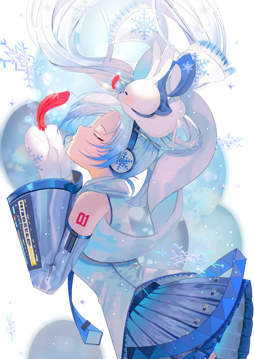 1girl, absurdres, belt, closed_eyes, detached_sleeves, feathers, floating_hair, floating_scarf, from_side, hatsune_miku, headphones, headset, highres, long_hair, long_sleeves, miira_miira, mittens, necktie, pleated_skirt, profile, rabbit_yukine, scarf, shirt, skirt, sleeveless, sleeveless_shirt, snowflakes, solo, twintails, very_long_hair, vocaloid, white_hair, yuki_miku, yuki_miku_(2011)