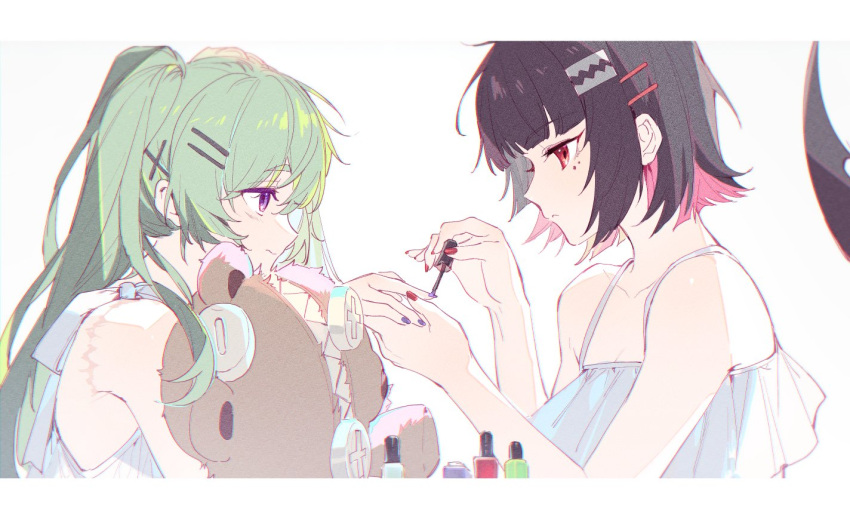 2girls, applying_manicure, bare_shoulders, black_hair, breasts, closed_mouth, corin_wickes, ellen_joe, english_commentary, fins, fish_tail, from_side, green_hair, hair_ornament, holding, multicolored_hair, multiple_girls, nail_polish, nail_polish_bottle, painting_fingernails, pink_hair, profile, purple_nails, red_eyes, red_nails, scar, scar_on_arm, shark_tail, short_hair, stuffed_animal, stuffed_toy, tail, teddy_bear, twintails, upper_body, violet_eyes, x_hair_ornament, yomi4310, zenless_zone_zero