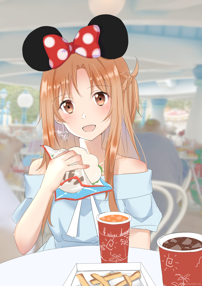 1girl, :d, absurdres, asuna_(sao), bare_shoulders, blurry, brown_eyes, brown_hair, cup, disneyland, earrings, food, heart, heart_earrings, highres, honeyrain_re, jewelry, long_hair, looking_at_viewer, minnie_mouse_ears, off-shoulder_shirt, off_shoulder, open_mouth, sandwich, shirt, short_sleeves, smile, soda, sword_art_online, upper_body, white_shirt