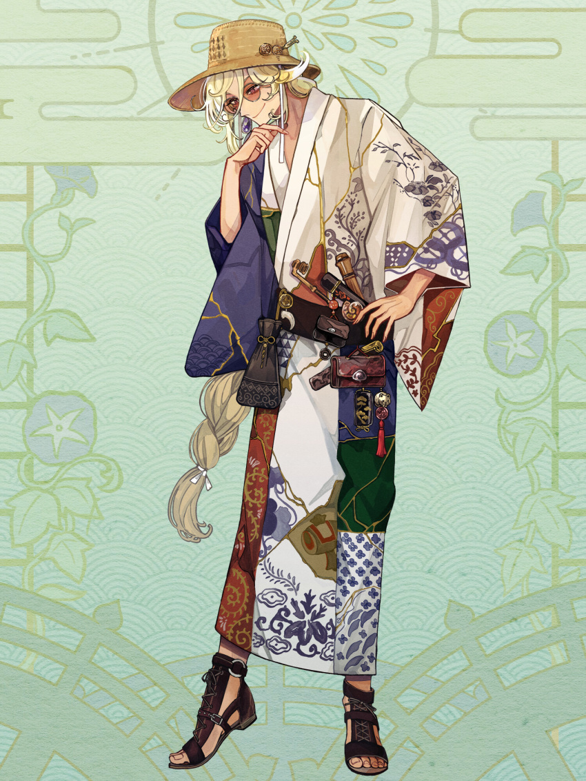 1boy, ashioka_kuraco, belt_pouch, black_footwear, black_sash, blonde_hair, braid, brown_hat