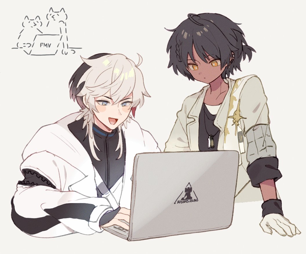 2boys, :o, arknights, arm_support, arouni22, ascii_art, black_hair, black_shirt