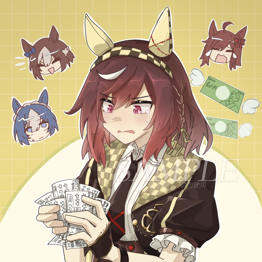 3girls, animal_ears, betting_ticket, blue_hair, blush, breasts, brown_hair, buena_vista_(umamusume), buena_vista_(umamusume)_(old_design), cesario_(umamusume), crying, gou_ren, hair_ornament, headband, highres, horse_ears, horse_girl, horse_tail, medium_breasts, medium_hair, money, multiple_girls, sample_watermark, simple_background, special_week_(umamusume), tail, tears, umamusume, watermark