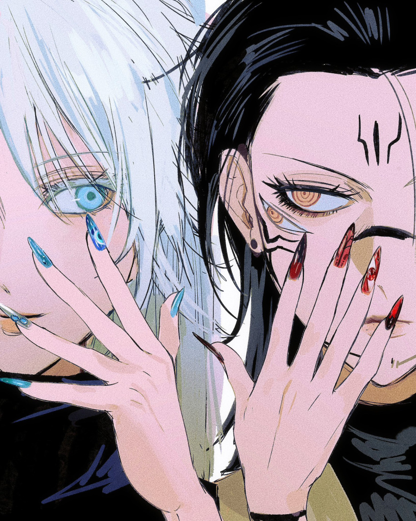 2girls, black_hair, black_jacket, blue_eyes, blue_nails, closed_mouth, extra_eyes, facial_tattoo