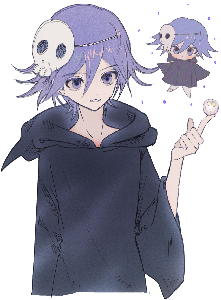 1boy, :o, absurdres, alternate_costume, black_cloak, blush_stickers, chibi, cloak, cropped_legs, danganronpa_(series), danganronpa_v3:_killing_harmony, dot_nose, empty_eyes, expressionless, eyeball, gg_(dddcoco), hair_between_eyes, halloween, halloween_costume, highres, hood, hood_down, hooded_cloak, light_smile, long_sleeves, looking_ahead, male_focus, mask, mask_on_head, multiple_views, oma_kokichi, outstretched_hand, pale_skin, pantyhose, parted_lips, purple_hair, shoes, short_hair, simple_background, skull_mask, teeth, violet_eyes, white_background, white_mask, white_pantyhose, wide_sleeves, yellow_footwear