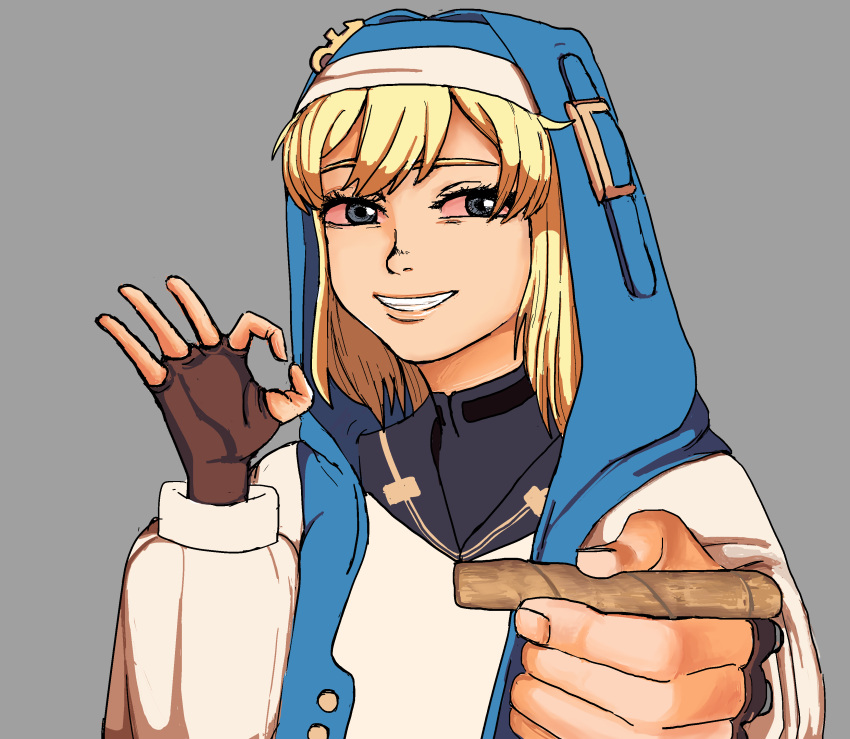 1girl, absurdres, androgyne_symbol, blonde_hair, bloodshot_eyes, bridget_(guilty_gear), commentary, english_commentary