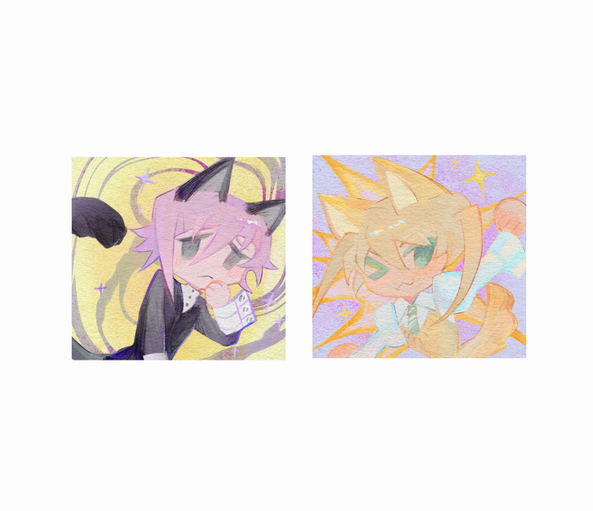 >_o, 1girl, 1other, :3, androgynous, animal_ears, black_eyes, black_shirt
