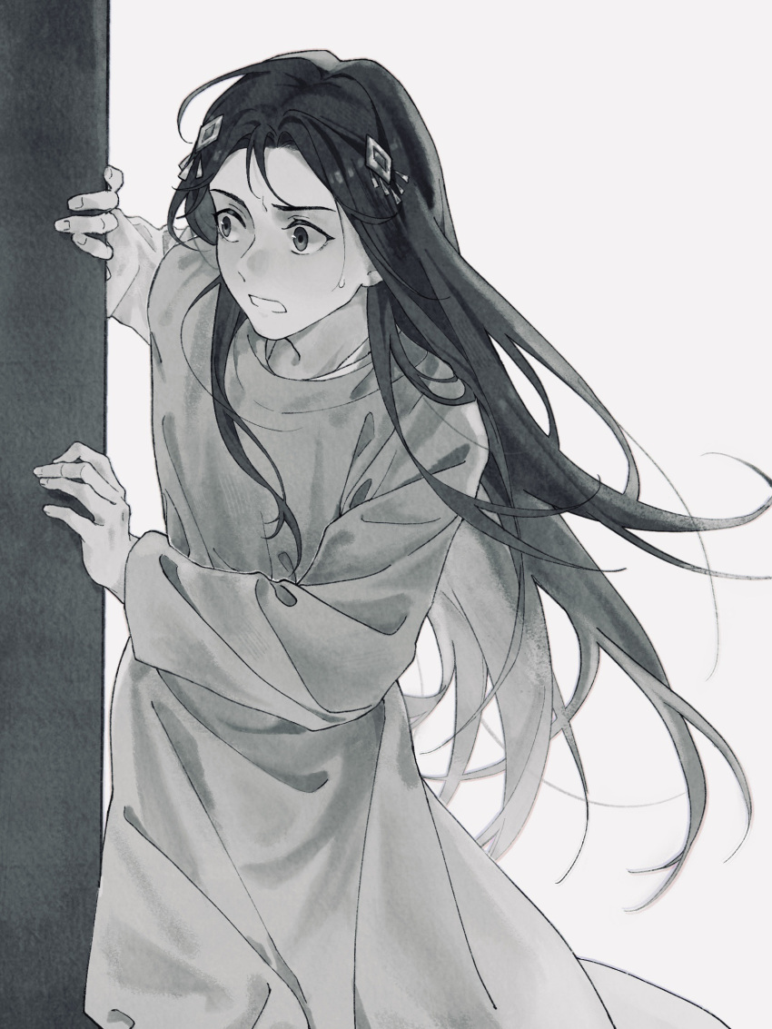 1boy, blush, chinese_clothes, dress, greyscale, hair_ornament, hanfu, highres