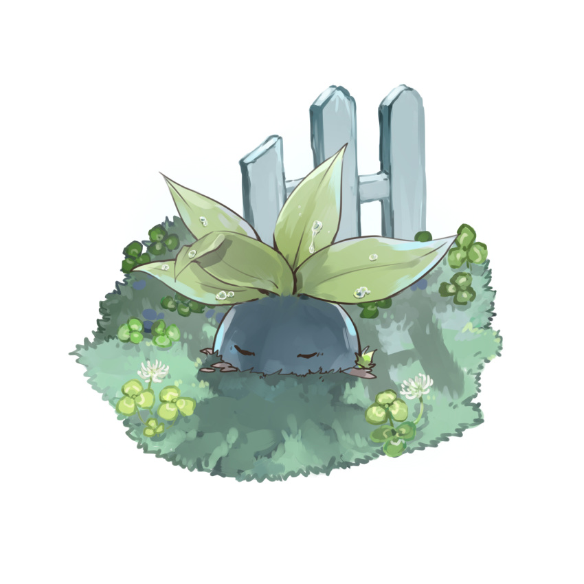 closed_eyes, clover, dlitw, fence, flower, highres, no_humans, oddish