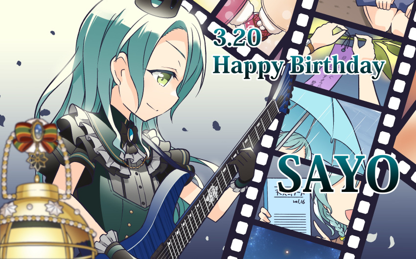 1girl, aqua_hair, artist_request, ascot, bang_dream!, black_bow, black_bowtie, black_crown_(object)