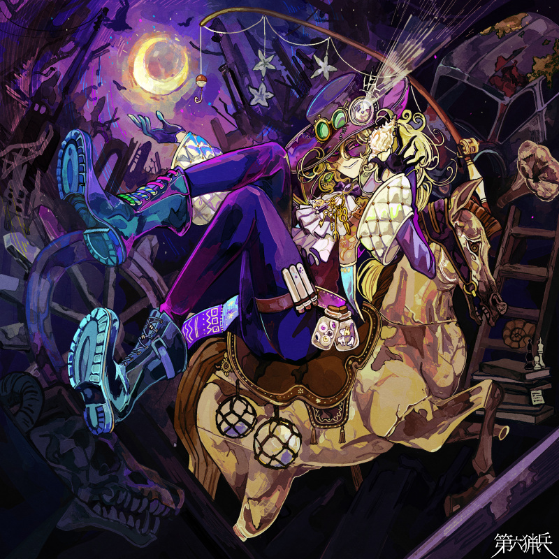 1boy, abandoned, animal_skull, ascot, ashioka_kuraco, asymmetrical_gloves, black_gloves, blonde_hair