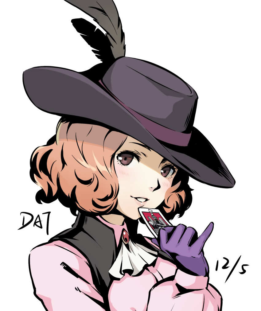 1girl, ascot, black_feathers, brown_eyes, brown_hair, da-cart, feathers, gloves