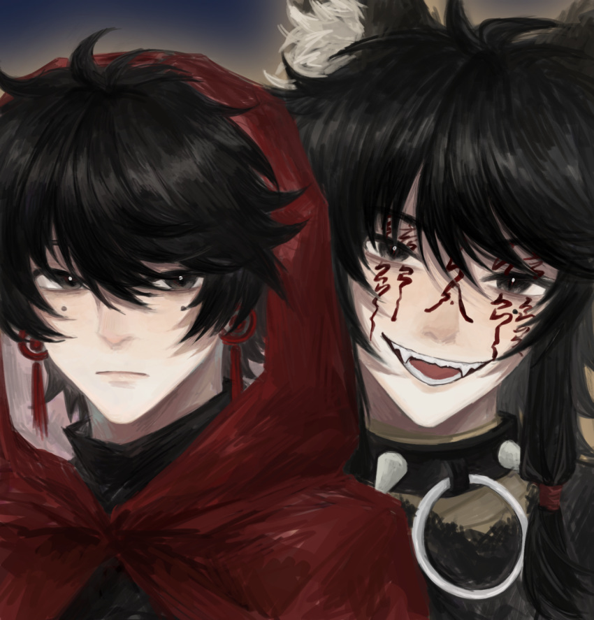 2boys, animal_ear_fluff, animal_ears, black_collar, black_eyes, black_hair, black_sweater, cape