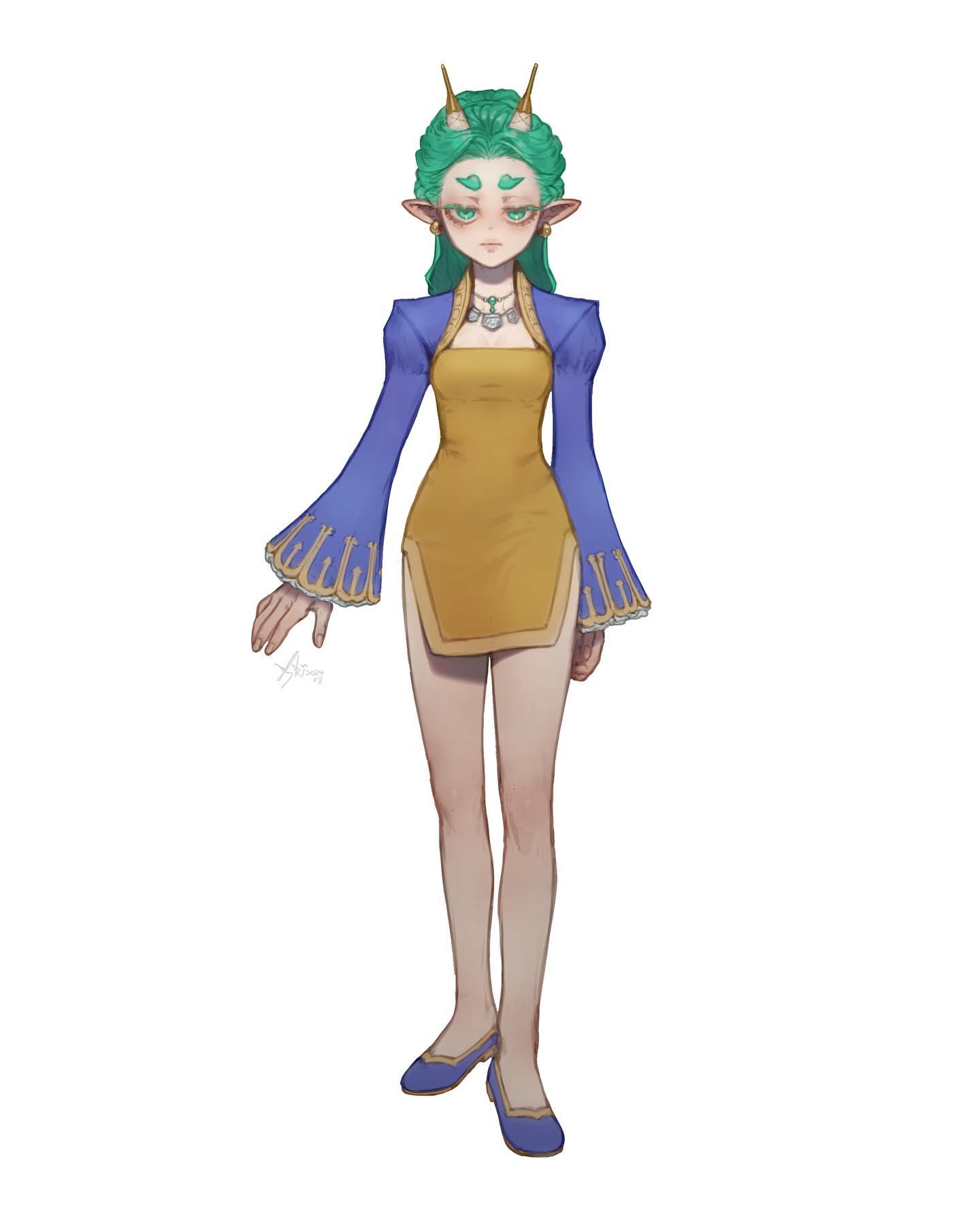 1girl, antennae, aqua_eyes, aqua_hair, blue_footwear, blue_sleeves, cleavage_cutout, clothing_cutout, commentary, dress, ear_piercing, full_body, highres, iskimxk, jewelry, long_hair, looking_at_viewer, necklace, original, piercing, pointy_ears, side_slit, signature, simple_background, solo, standing, two-tone_dress, white_background, yellow_dress