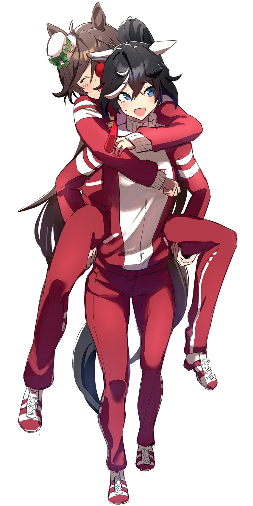 2girls, ^_^, absurdres, animal_ears, black_hair, blue_eyes, brown_hair, carrying