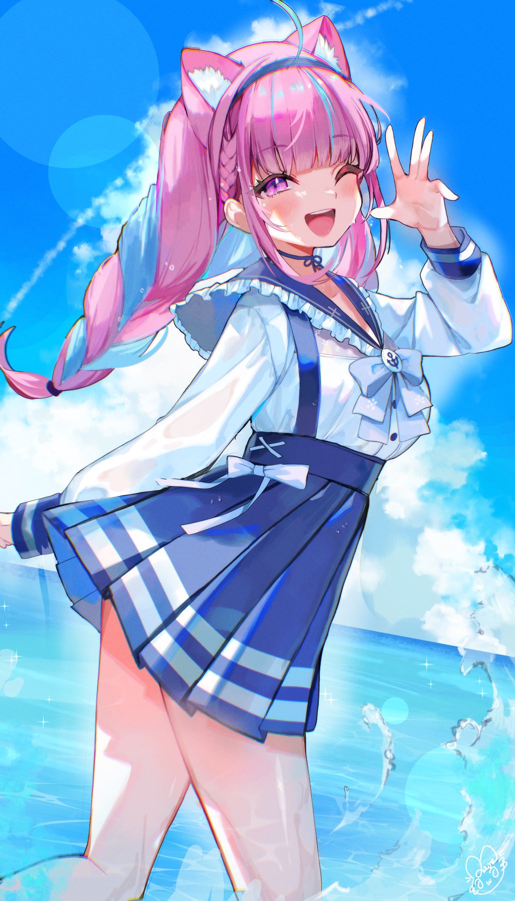 1girl, ahoge, anchor_print, animal_ear_fluff, animal_ears, blue_bow, blue_hair, blue_hairband