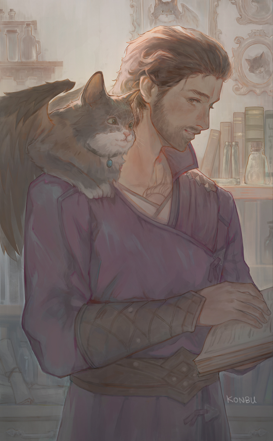 1boy, animal_on_shoulder, baldur's_gate, baldur's_gate_3, belt, book, bookshelf, bottle