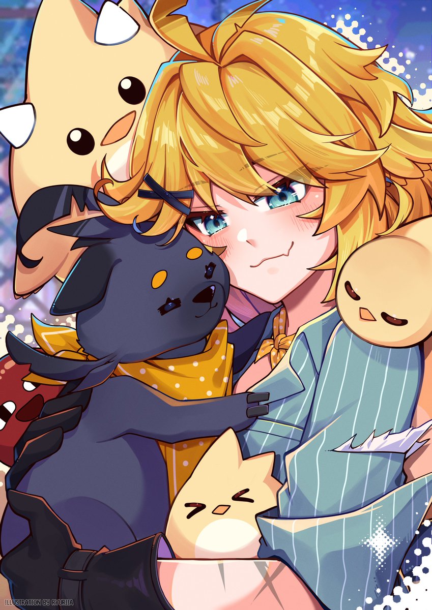 >_<, 1girl, :3, ahoge, animal, aqua_eyes, aqua_shirt, artist_name