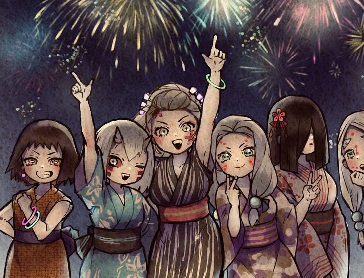 6+girls, :d, ;d, aqua_kimono, black_hair, black_kimono, bracelet, closed_mouth