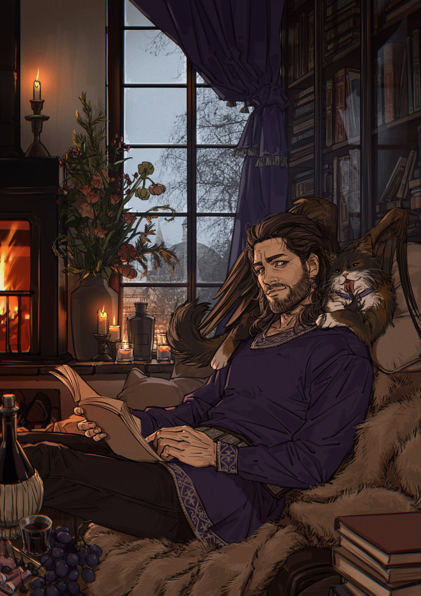 1boy, absurdres, alcohol, animal_on_shoulder, armchair, baldur's_gate, baldur's_gate_3, beard